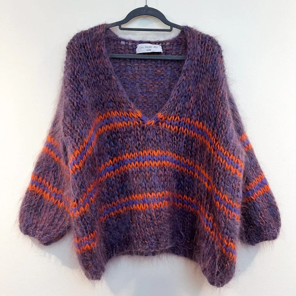 Les Tricots d'O Purple Kid Mohair Blend Striped Hand Knit V Neck Chunky Sweater - Picture 3 of 11